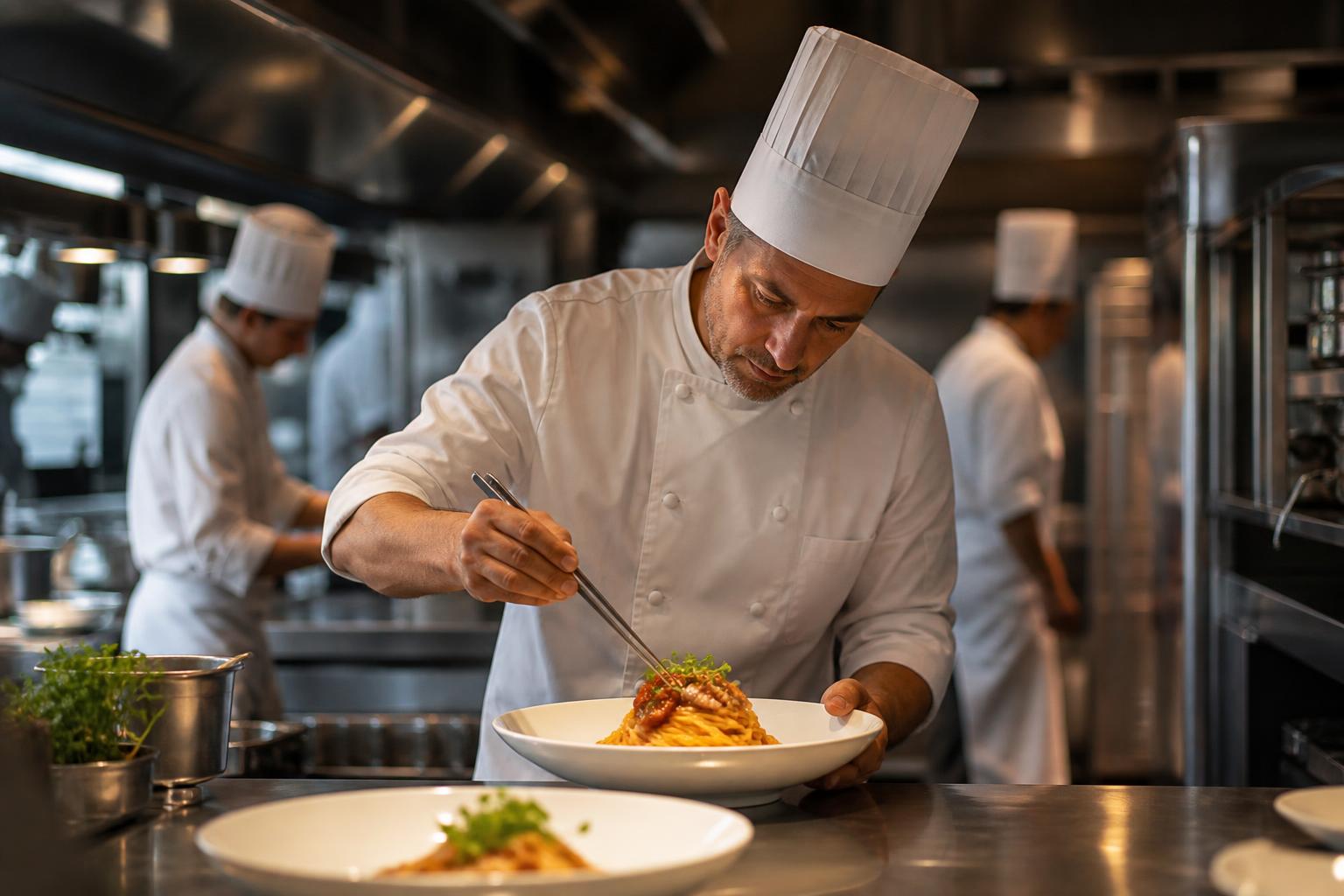 Chefs profissionais finalizando pratos em cozinha industrial